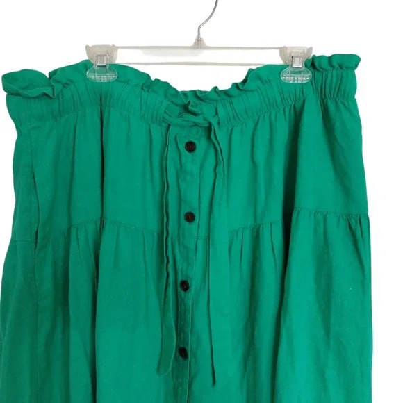 Universal Thread Green Tiered Button Front Midi Skirt 1X Linen Blend Pockets Boh - Picture 2 of 10